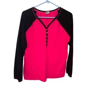 Sonoma Womens Sz Large Pink Long Sleeve Pull Over Fleece Vneck 1/2 Button Top Sh